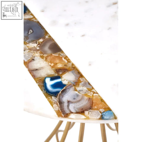 Vizzini marble and agate side table with triangular agate mosaic inlay in blue gray brown gold hues and gold legs on white marble