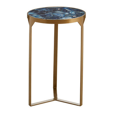 Vizzini round agate side table with blue marbled top and antique brass round agate metal legs