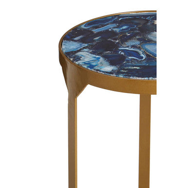 Vizzini round agate side table with blue round agate top and antique brass gold metal legs perfect for living rooms
