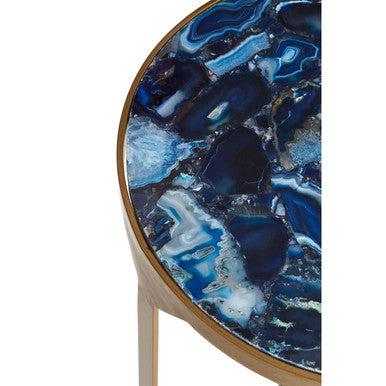Vizzini round agate side table with a vibrant blue round agate top and polished antique brass metal legs