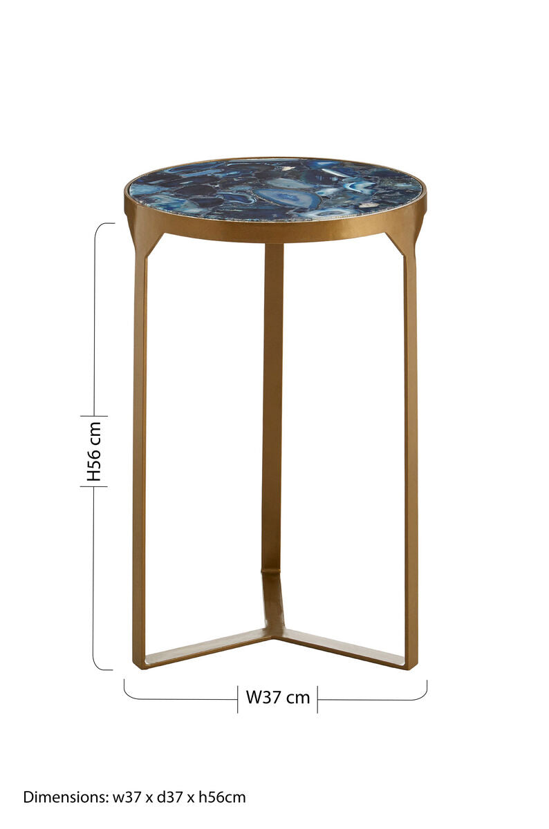 Vizzini round agate side table with a round blue marbled top and slender antique brass metal legs