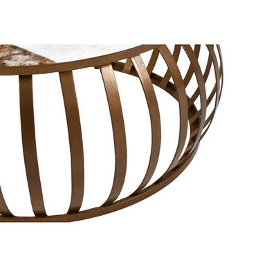 Bronze metal wireframe vizzini round coffee table with white marble top for stylish living room setup