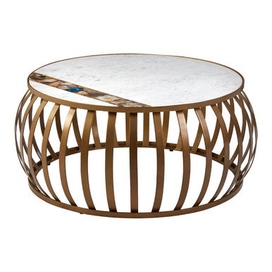 Gold-toned metal coffee table with white marble top and colorful mosaic border vizzini round coffee table