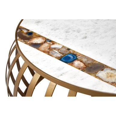 Vizzini round coffee table with a white marble top and natural stone inlay featuring earthy agate and vibrant blue pieces
