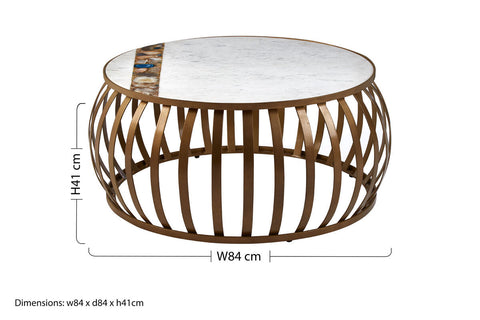Vizzini round coffee table with a white marble top and ornate gold-toned metal frame with vertical slats