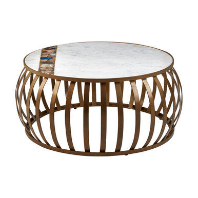Vizzini round coffee table with white marble top and bronze metal frame featuring an intricate woven design