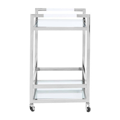 Chrome finished metal vogue 2-tier drinks trolley with clear glass shelves and a sleek modern design