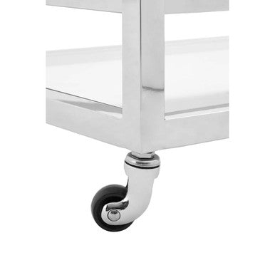 Chrome finished caster wheel with black rubber tire on vogue 2-tier drinks trolley for smooth movement