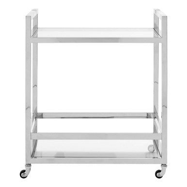 Chrome finished metal vogue 2-tier drinks trolley with clear glass shelves and black caster wheels for easy serving