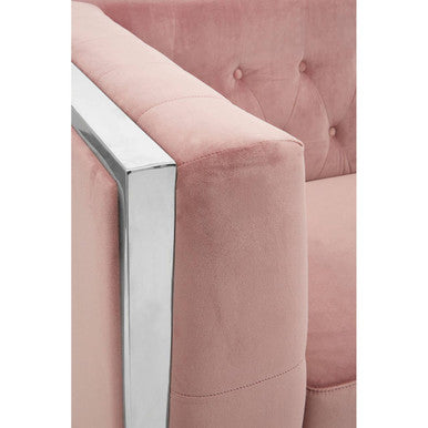 Pink velvet armchair with tufted upholstery and chrome frame matching the vogue 3 seat pink velvet sofa