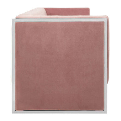 Vogue 3 seat pink velvet sofa with a modern cube shape and sleek white metal frame in soft pink velvet upholstery