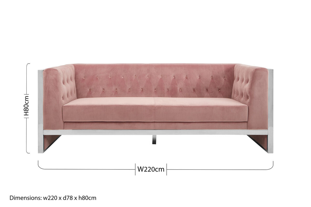Vogue 3 seat pink velvet sofa with tufted backrest and sleek silver metal frame velvet sofa in pink velvet