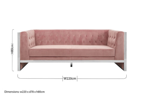 Vogue 3 seat pink velvet sofa with tufted backrest and sleek silver metal frame velvet sofa in pink velvet