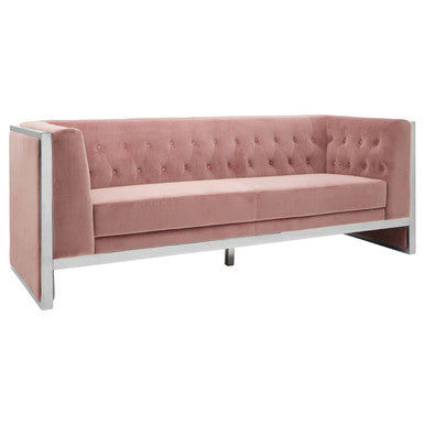 A sleek vogue 3 seat pink velvet sofa with tufted back and silver metallic frame velvet sofa perfect for stylish living rooms