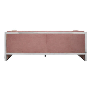 Sleek vogue 3 seat pink velvet sofa with soft velvet upholstery and polished chrome frame perfect for modern living rooms