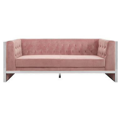 Vogue 3 seat pink velvet sofa with a sleek tufted back and polished chrome legs in soft pink velvet upholstery