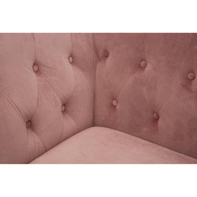 Vogue 3 seat pink velvet sofa with soft pink velvet upholstery and a plush button-tufted backrest and cushioned seat