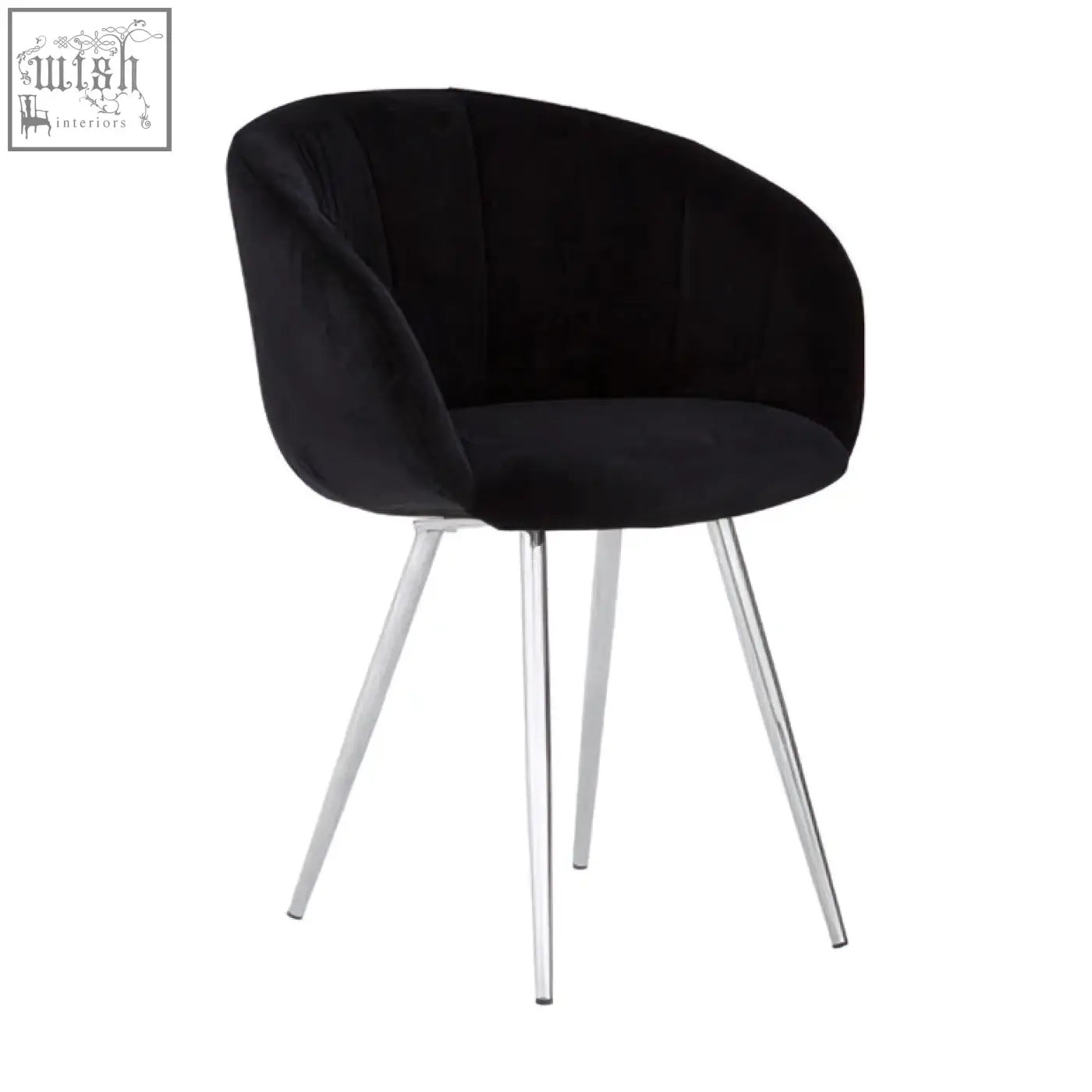 Vogue black and silver velvet chair featuring a black velvet armchair with sleek chrome metal legs