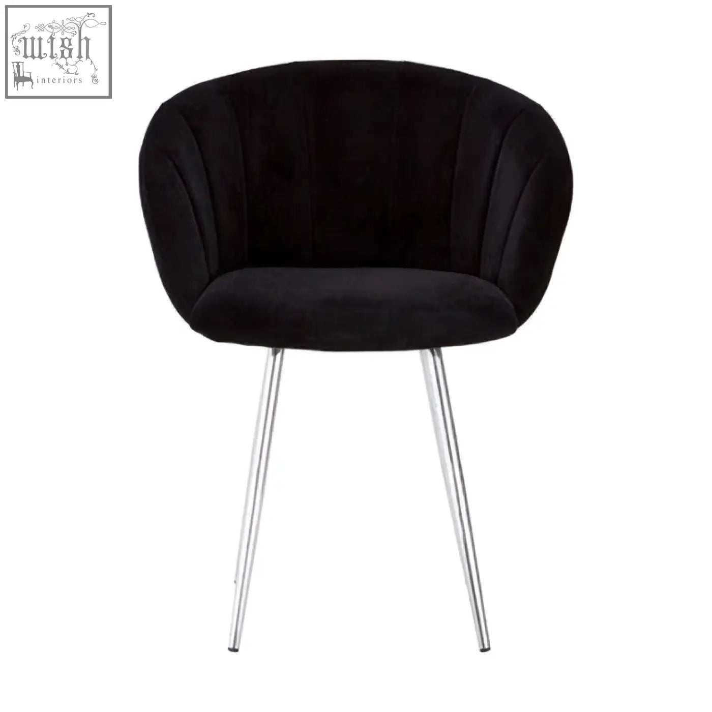 Vogue black and silver velvet chair featuring a black velvet armchair with sleek silver chrome legs