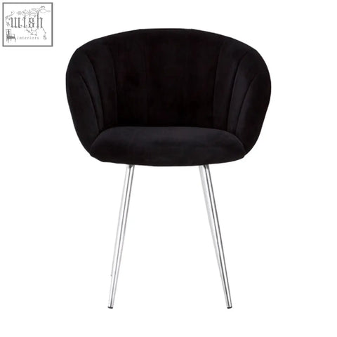 Vogue black and silver velvet chair featuring a black velvet armchair with sleek silver chrome legs
