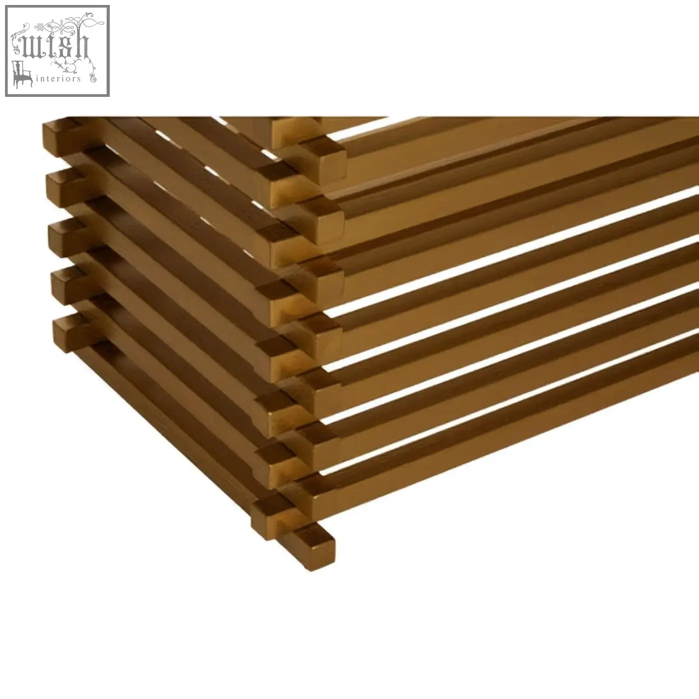 Brown wooden slat garden trellis with interlocking joints paired with matte gold dining table design details