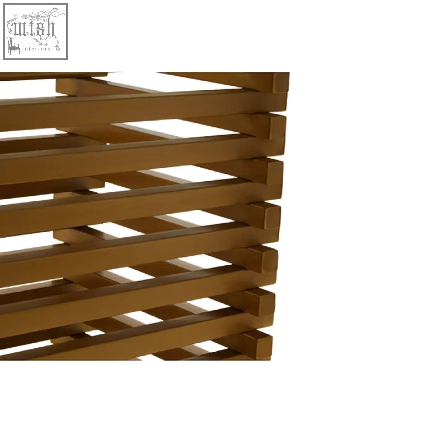 Golden-brown wooden slatted shelf with sleek modern design for vogue matte gold dining table setup