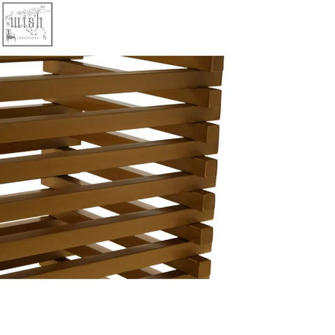 Golden-brown wooden slatted shelf with sleek modern design for vogue matte gold dining table setup
