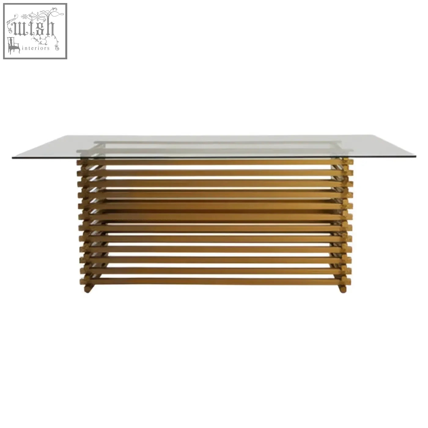 Modern dining table with clear glass top and stacked matte gold metal slat base gold dining table design