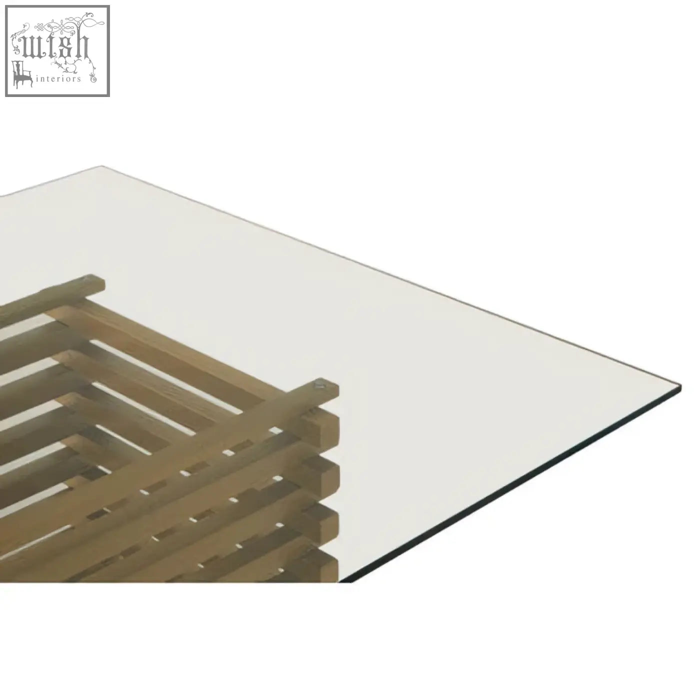 Vogue matte gold dining table with a modern rectangular glass top and wooden slat base gold dining table
