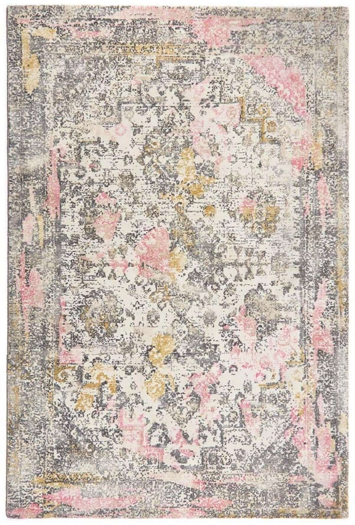 Vogue vintage pink rug with faded distressed pattern in soft pink muted gray and gold accents vintage pink rug