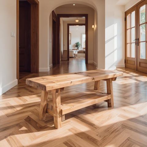 Vora rustic bench with natural wood finish, visible grain, sturdy legs, and lower shelf for entryway storage