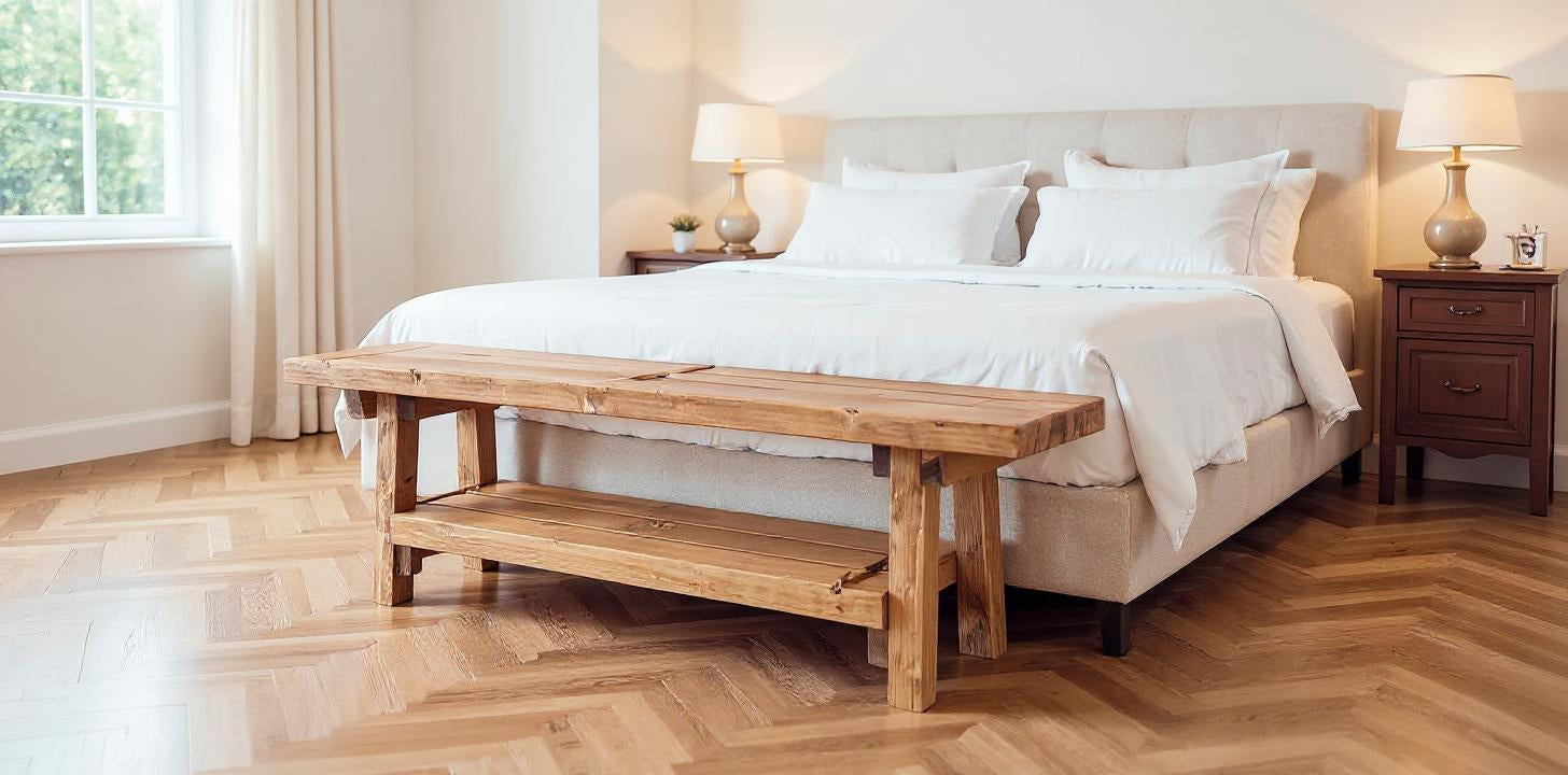 Vora rustic bench with natural wood finish, two horizontal slats, and open lower shelf perfect for entryway seating