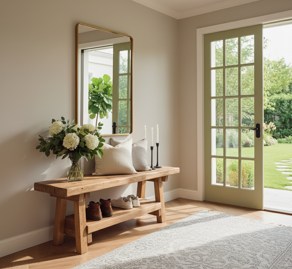 Vora rustic bench with natural wooden finish and two shelves holding shoes and pillows beneath white hydrangeas