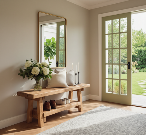 Vora rustic bench with natural wooden finish and two shelves holding shoes and pillows beneath white hydrangeas