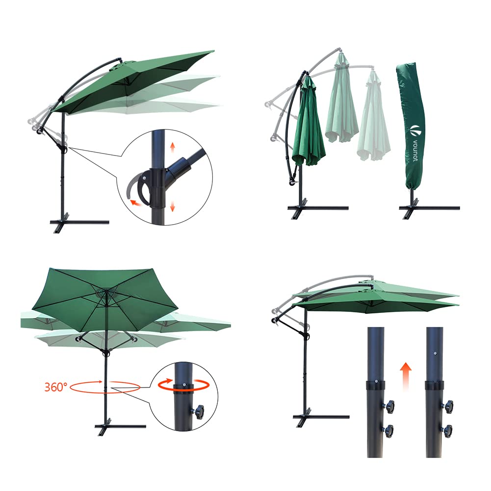 Green vounot 3m cantilever garden parasol with crank handle black metal frame and adjustable height for outdoor shade
