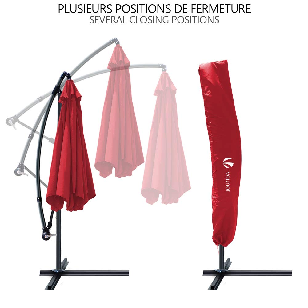 Red crank handle cantilever garden parasol with black metal frame shown in multiple closed positions for outdoor shade