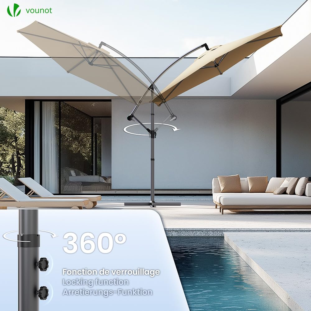Beige cantilever garden parasol with sleek metallic frame, crank handle, and 360-degree rotation for outdoor shade