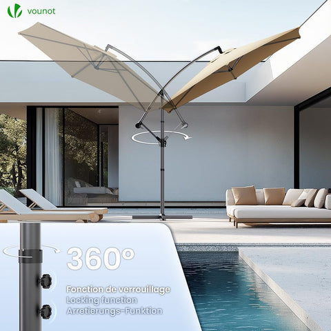 Beige cantilever garden parasol with sleek metallic frame, crank handle, and 360-degree rotation for outdoor shade