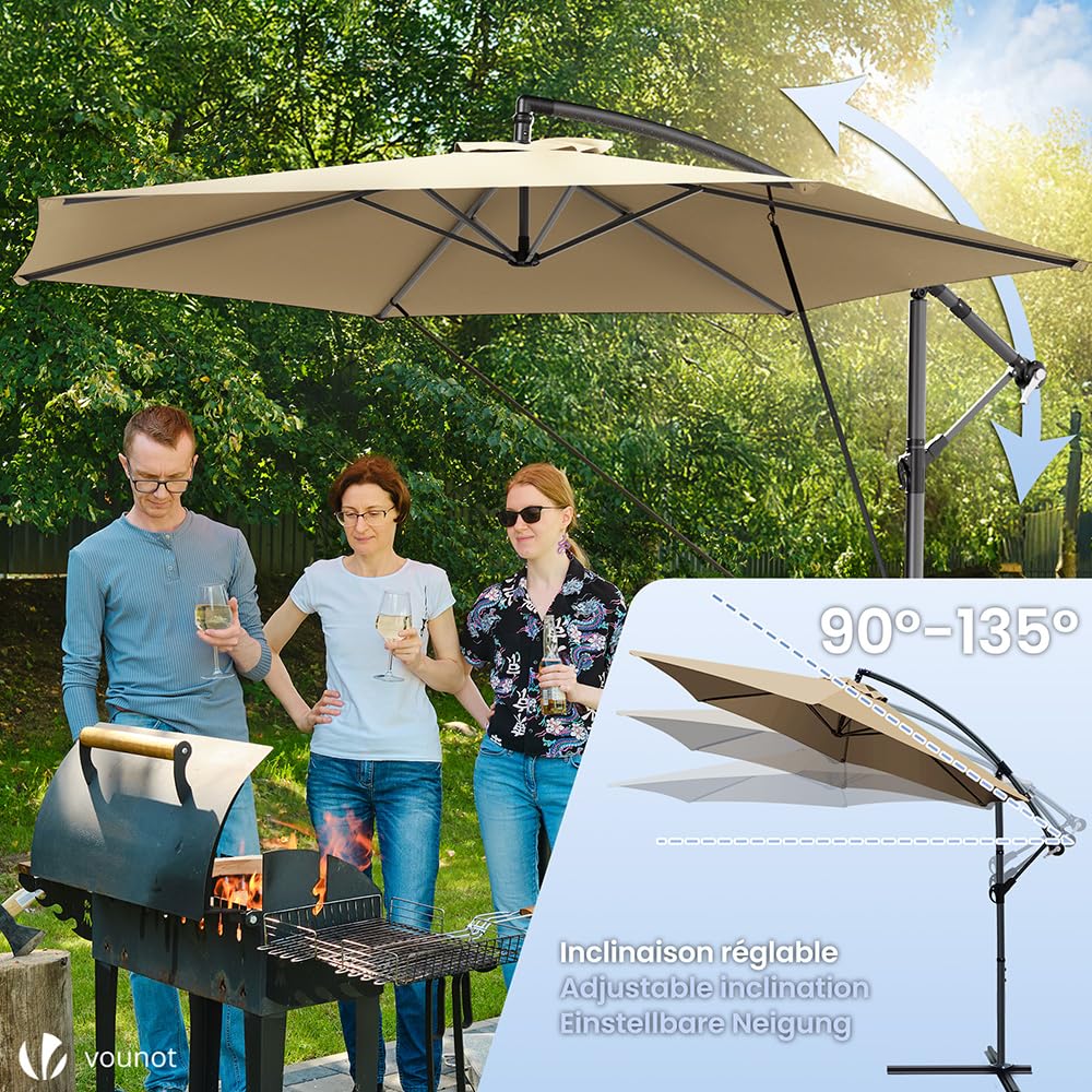 Beige cantilever garden parasol with black metal frame crank handle and adjustable tilt for outdoor sun shade