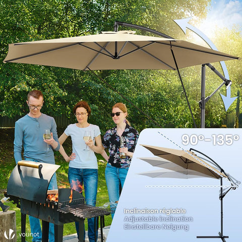 Beige cantilever garden parasol with black metal frame crank handle and adjustable tilt for outdoor sun shade