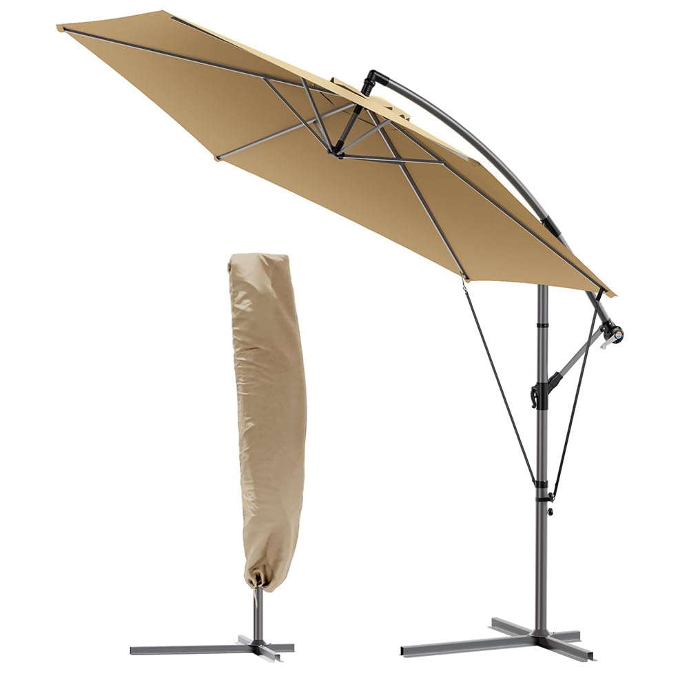 Beige vounot 3m cantilever garden parasol with sleek metal frame crank handle and matching storage cover for outdoor shade