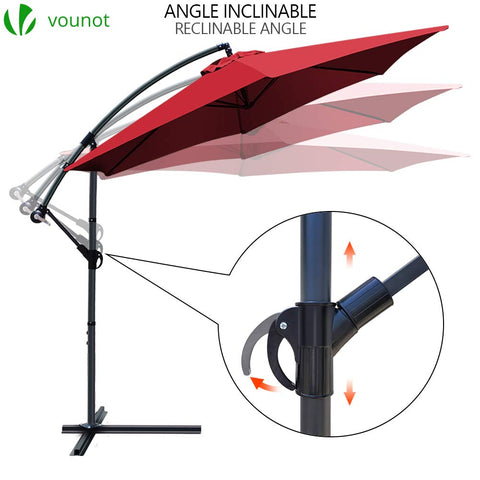Red VOUNOT cantilever garden parasol with black metal frame crank handle and adjustable inclinable angle mechanism