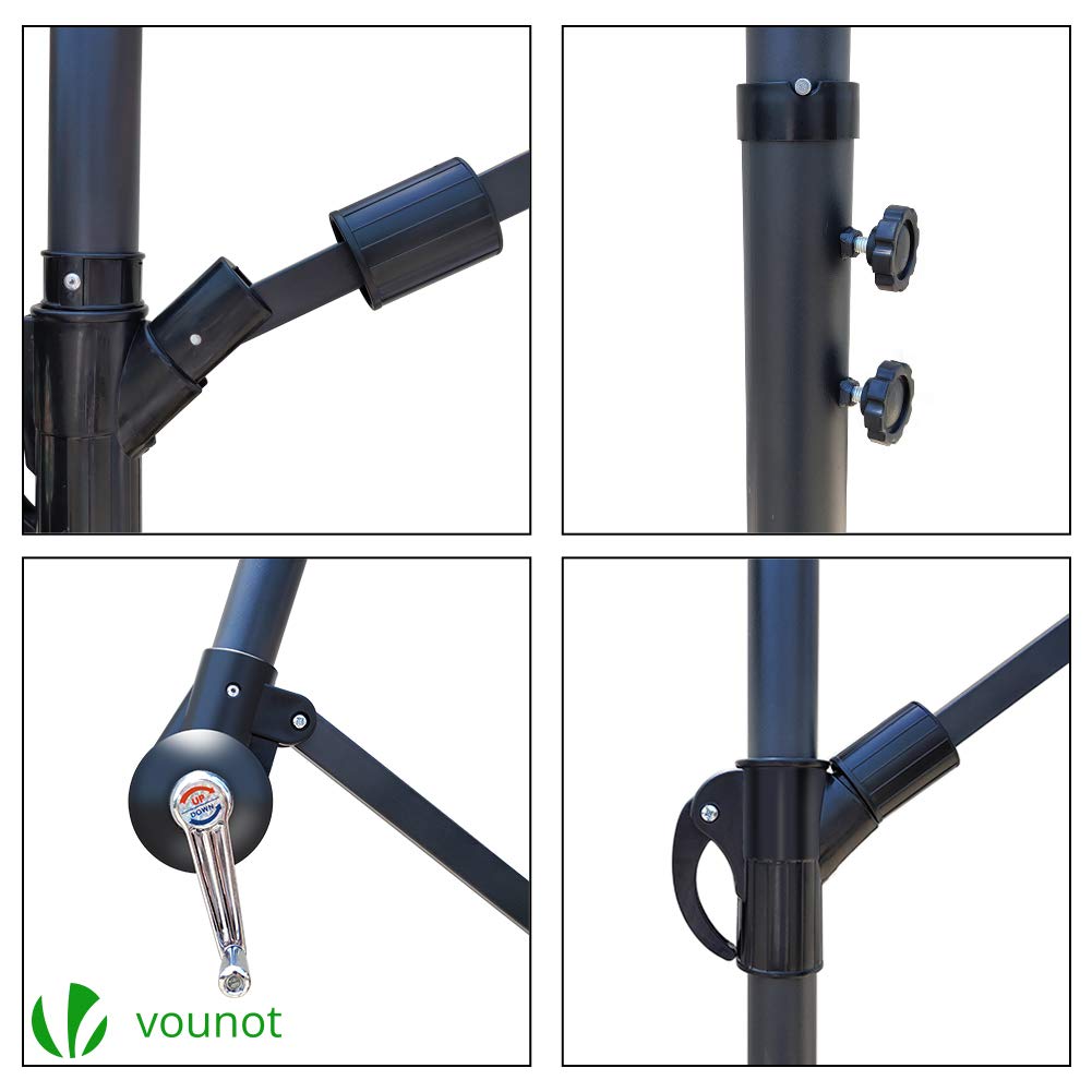 Black metal patio umbrella stand with adjustable joints and crank handle for easy height adjustment on green vounot cantilever garden parasol