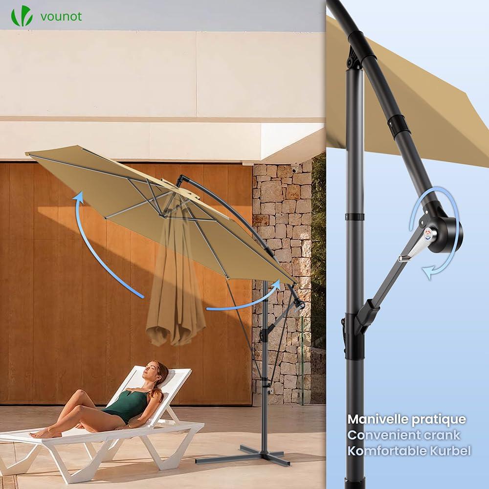 Beige vounot cantilever garden parasol with black metal frame crank handle and wind protection strap for outdoor shade