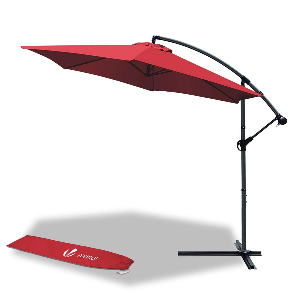 Red VOUNOT cantilever garden parasol with crank handle black metal frame and matching storage cover for outdoors