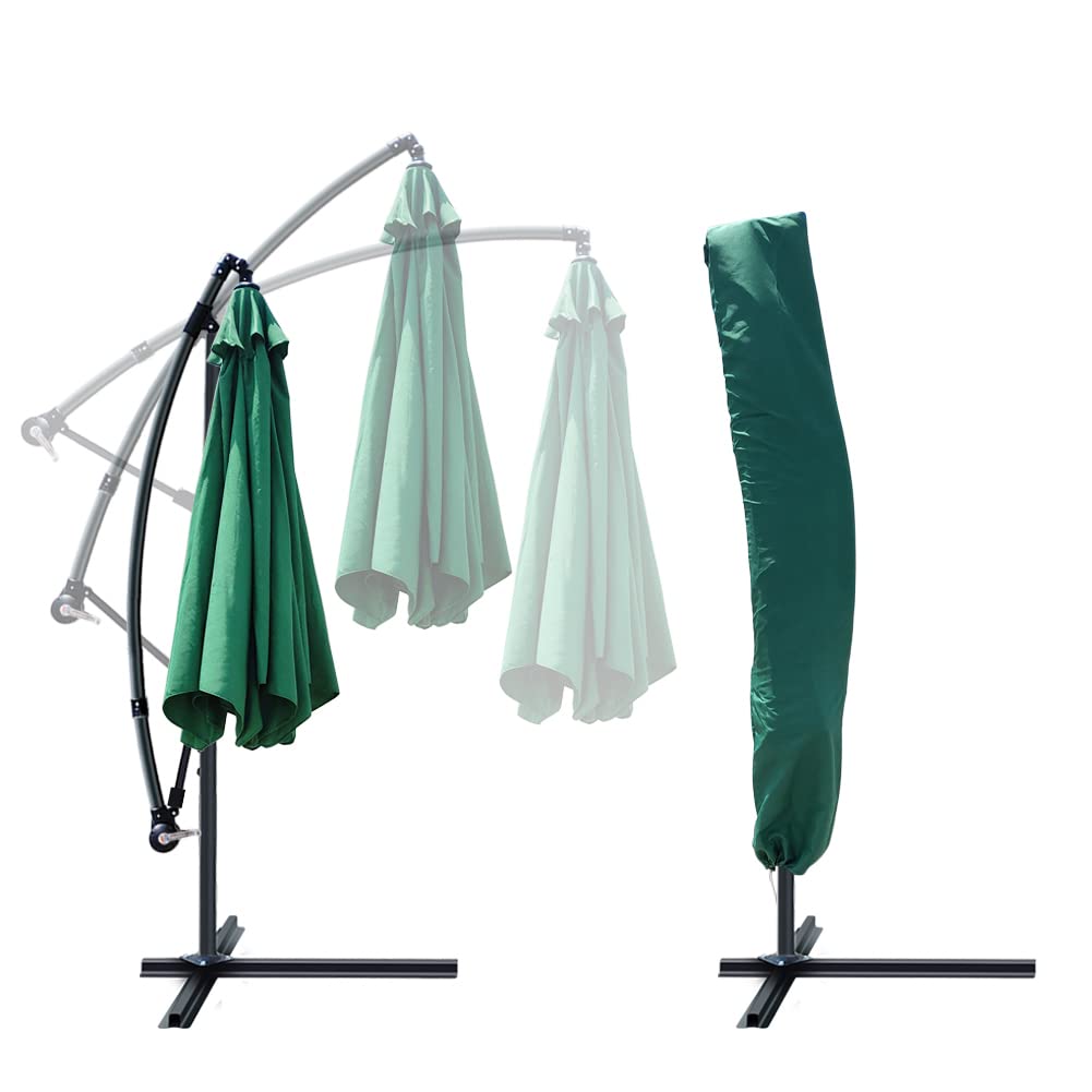Green vounot cantilever garden parasol with crank handle curved metal frame and black base for outdoor shade