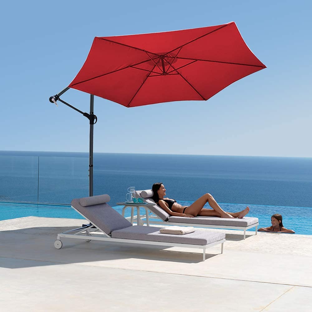 Bright red VOUNOT 3m cantilever garden parasol with crank handle and sleek black metal frame for outdoor shade