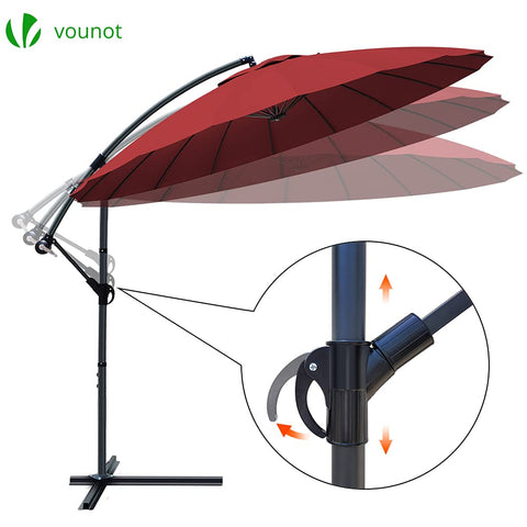 Red cantilever shanghai parasol with black metal frame crank handle and adjustable tilt for banana garden patio shade