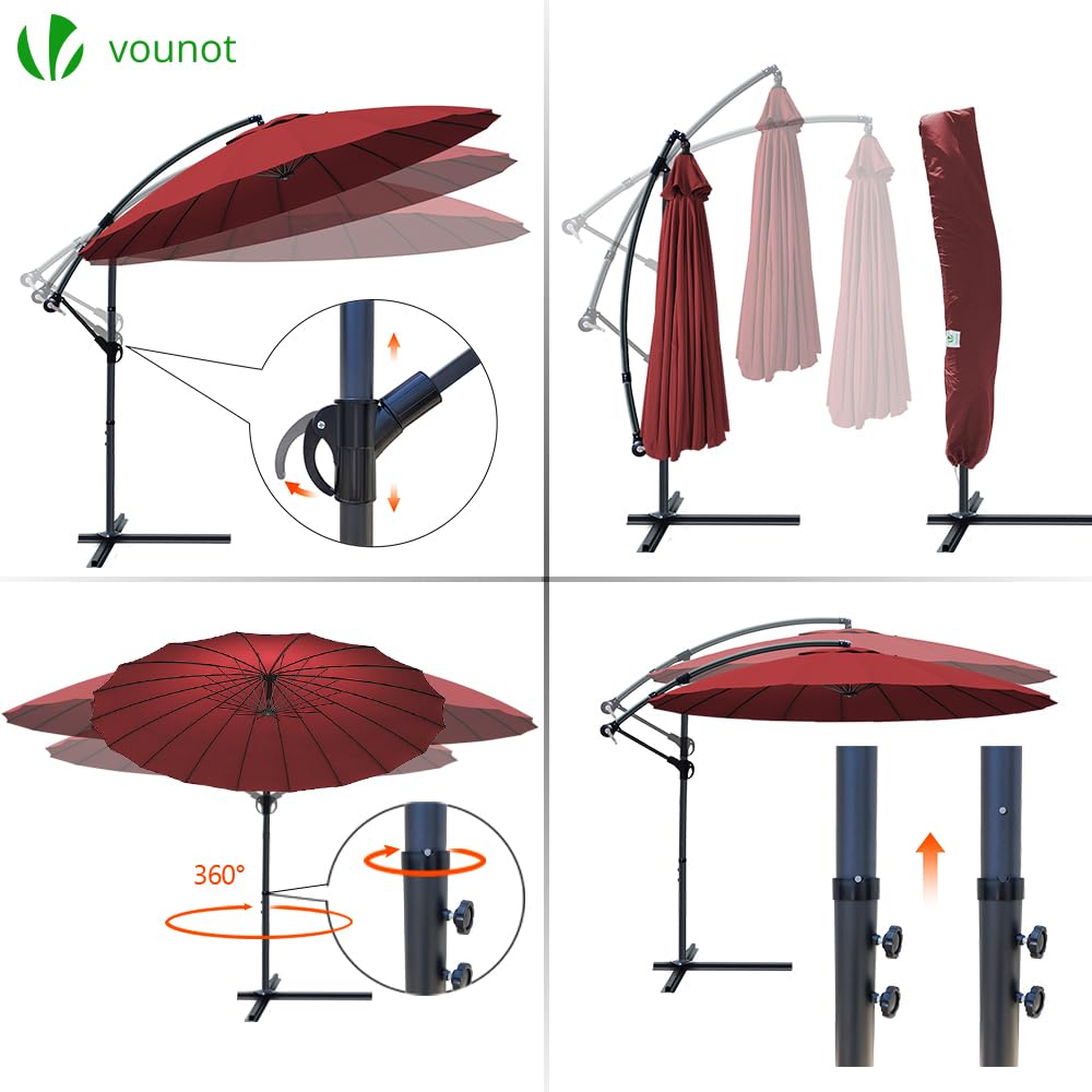 Red VOUNOT cantilever shanghai parasol with black metal frame crank handle and adjustable height for banana garden patio