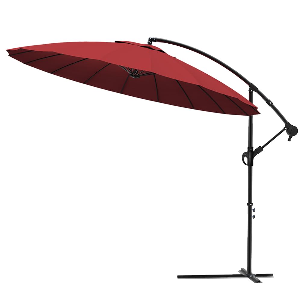 Red cantilever shanghai parasol with black metal frame and crank handle for banana garden patio sun shade